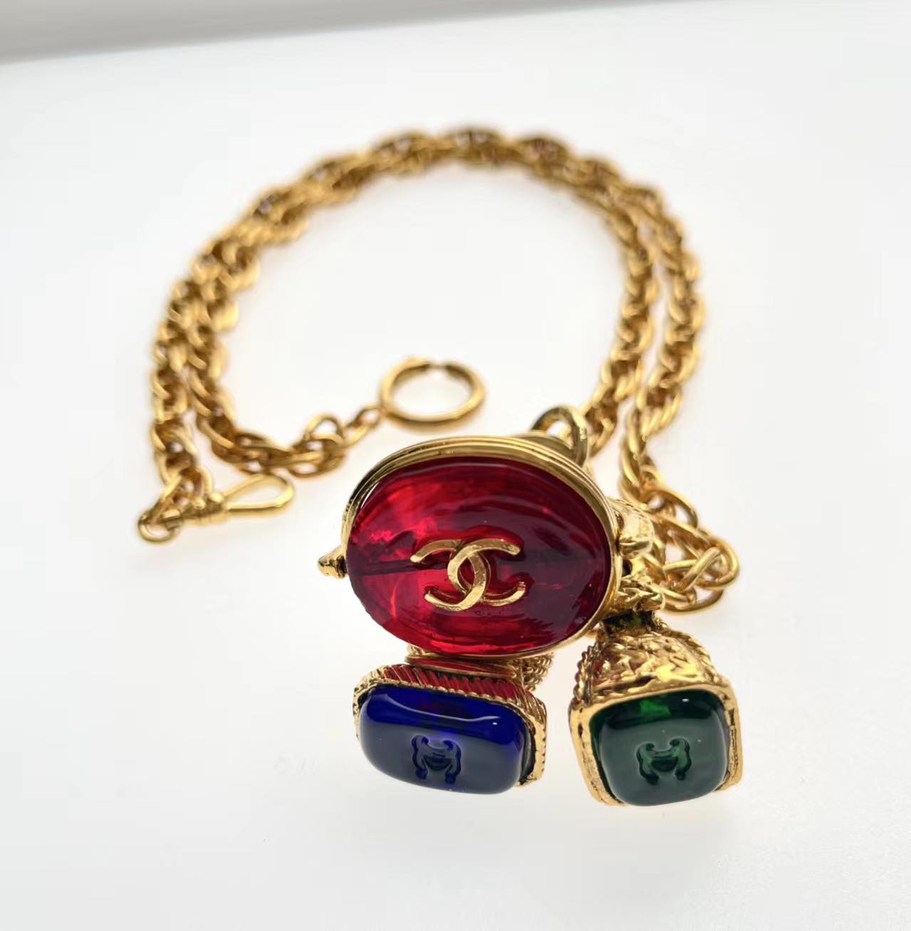 Vintage Chanel Gold Metal and Red Gripoix Signed CC Necklace, 1993