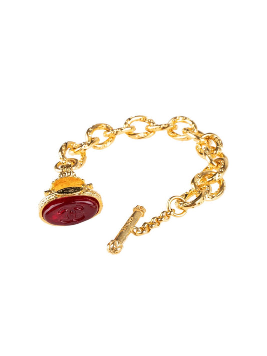 Vintage Chanel Gold Metal and Red Gripoix Signed CC Bracelet, 1993