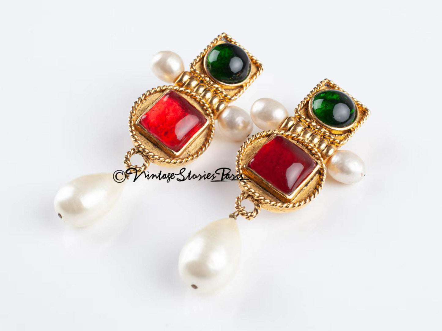 Vintage Chanel Earrings with Red and Green Glass Paste and Pearls