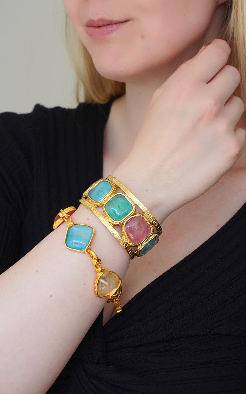 Vintage Chanel Golden Metal Multicolored Glass Bracelet 96