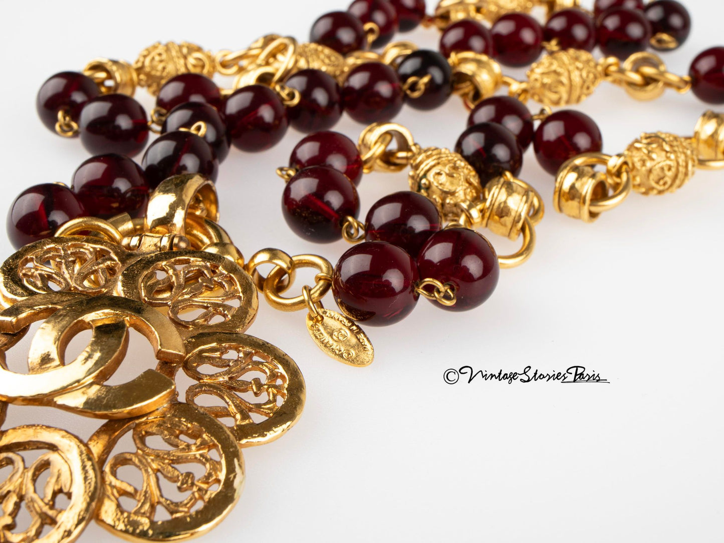 Vintage Chanel Red Gripoix and Gold Metal Bead Necklace, 1994