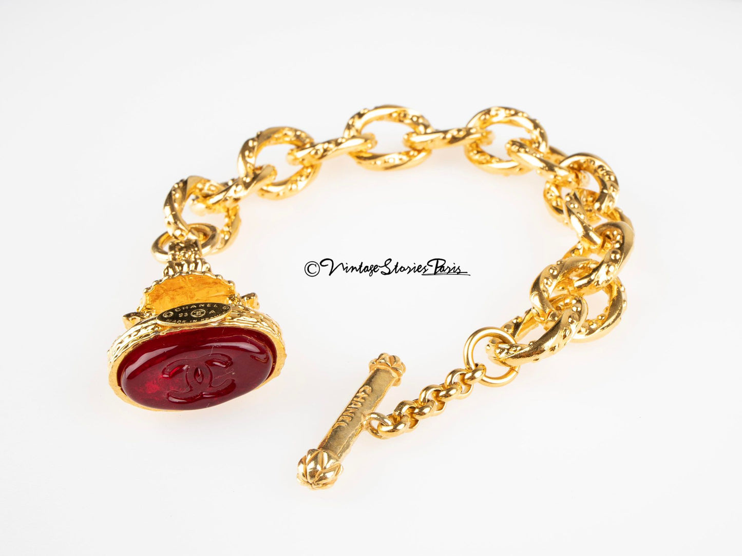 Vintage Chanel Gold Metal and Red Gripoix Signed CC Bracelet, 1993