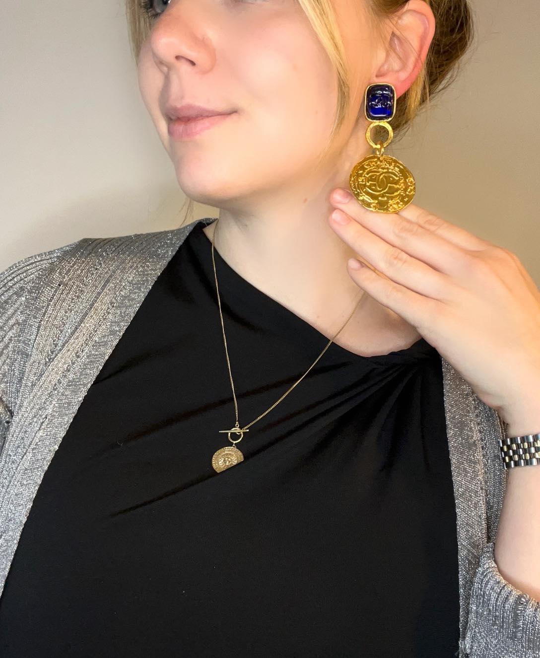 Vintage Chanel Earrings with Blue Gripoix and Golden Coin Pendant