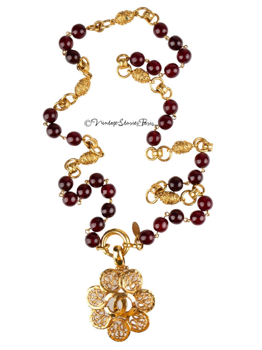 Vintage Chanel Red Gripoix and Gold Metal Bead Necklace, 1994