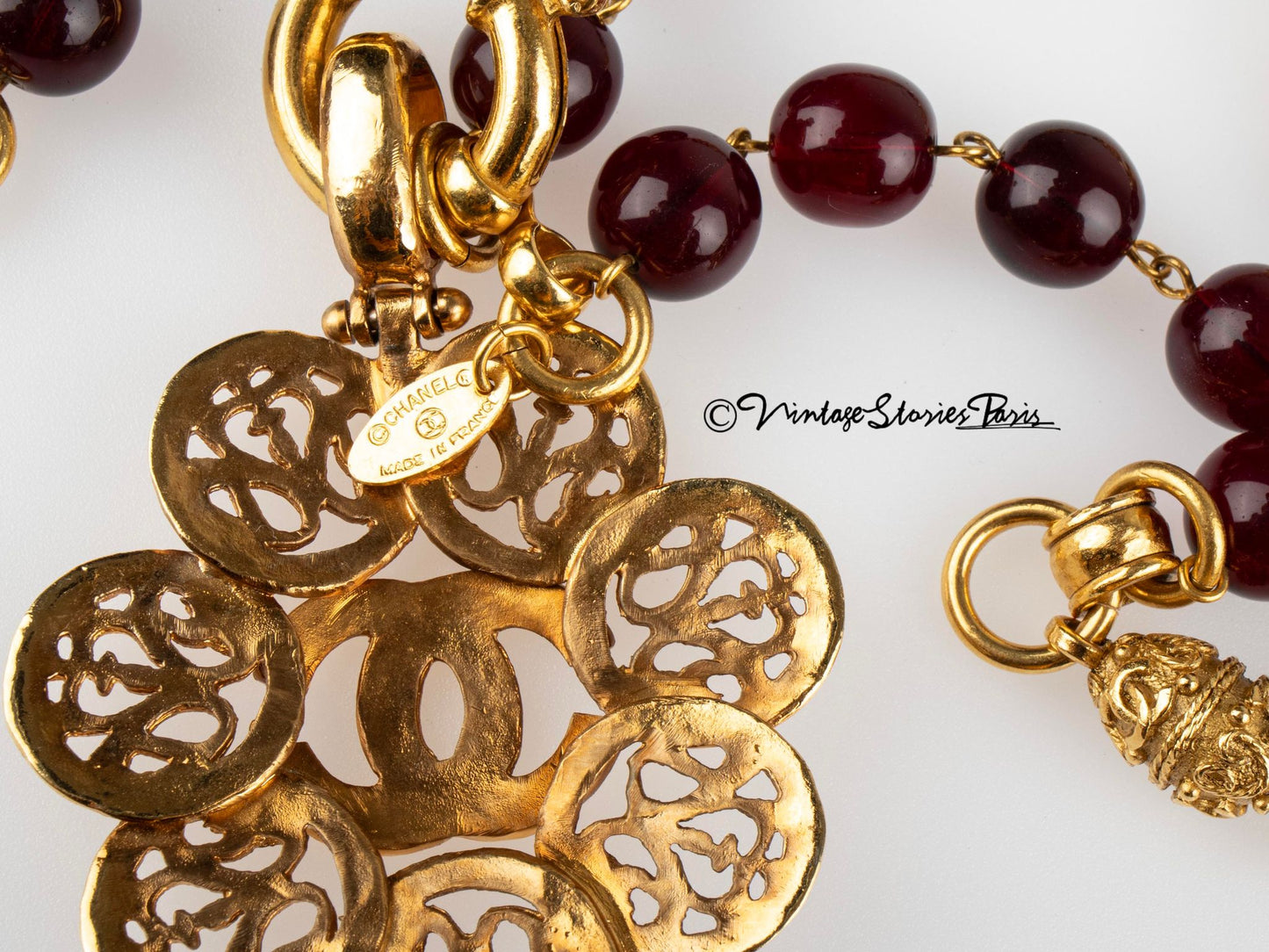 Vintage Chanel Red Gripoix and Gold Metal Bead Necklace, 1994