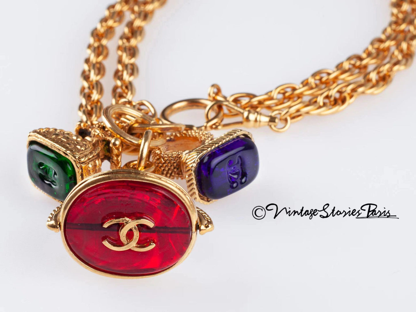 Vintage Chanel Gold Metal and Red Gripoix Signed CC Necklace, 1993