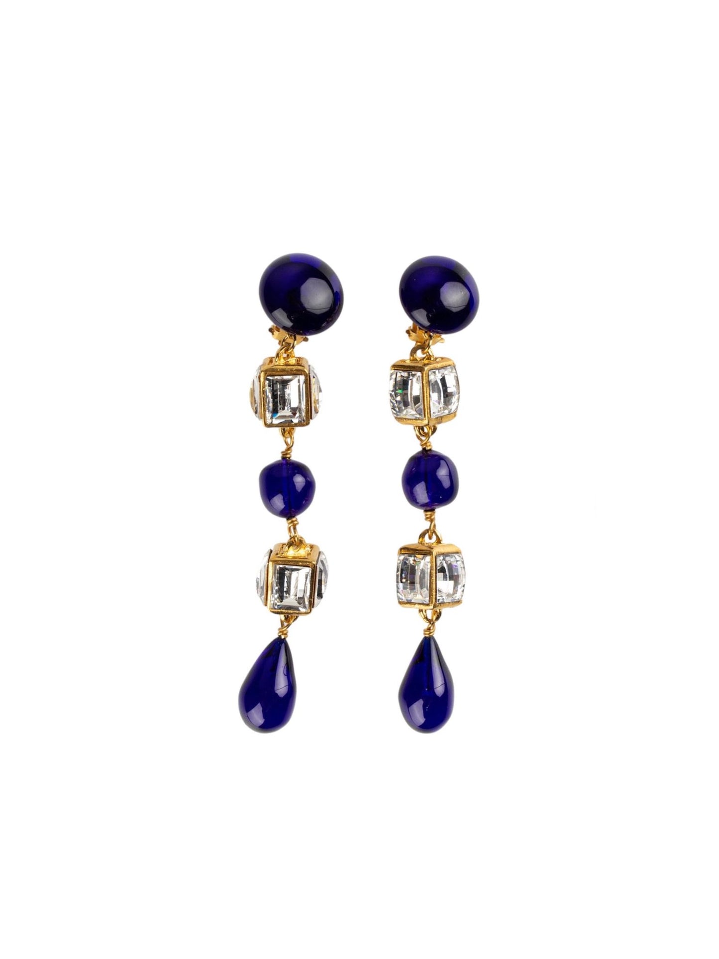 Vintage Chanel Clip-on Earrings with Blue Glass Paste and Strass Stones