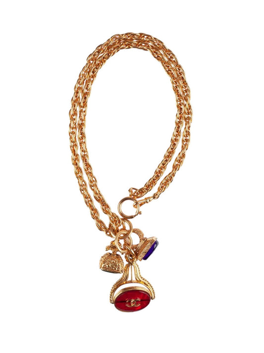 Vintage Chanel Gold Metal and Red Gripoix Signed CC Necklace, 1993