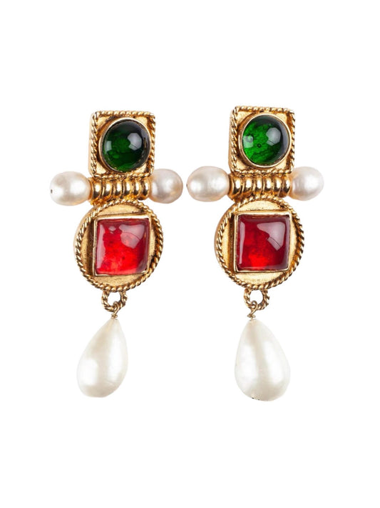 Vintage Chanel Earrings with Red and Green Glass Paste and Pearls