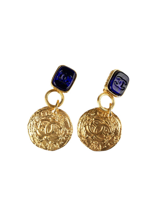 Vintage Chanel Earrings with Blue Gripoix and Golden Coin Pendant