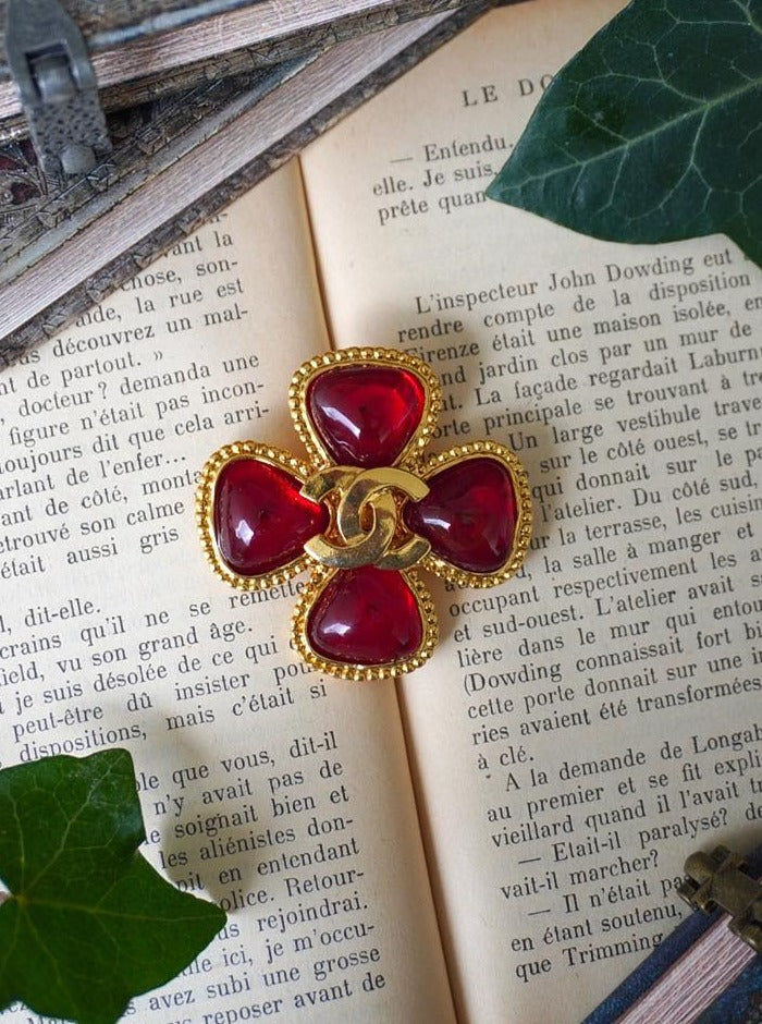 Vintage Chanel Red Gripoix Clover Brooch