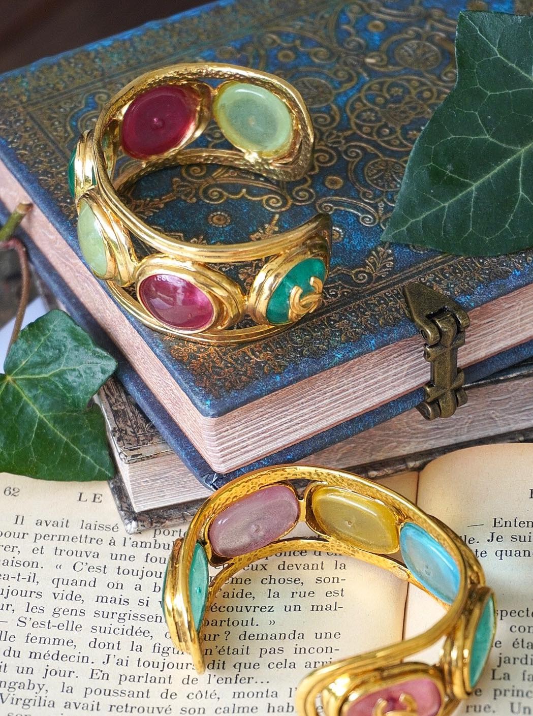 Vintage Chanel Golden Metal Multicolored Glass Bracelet 96