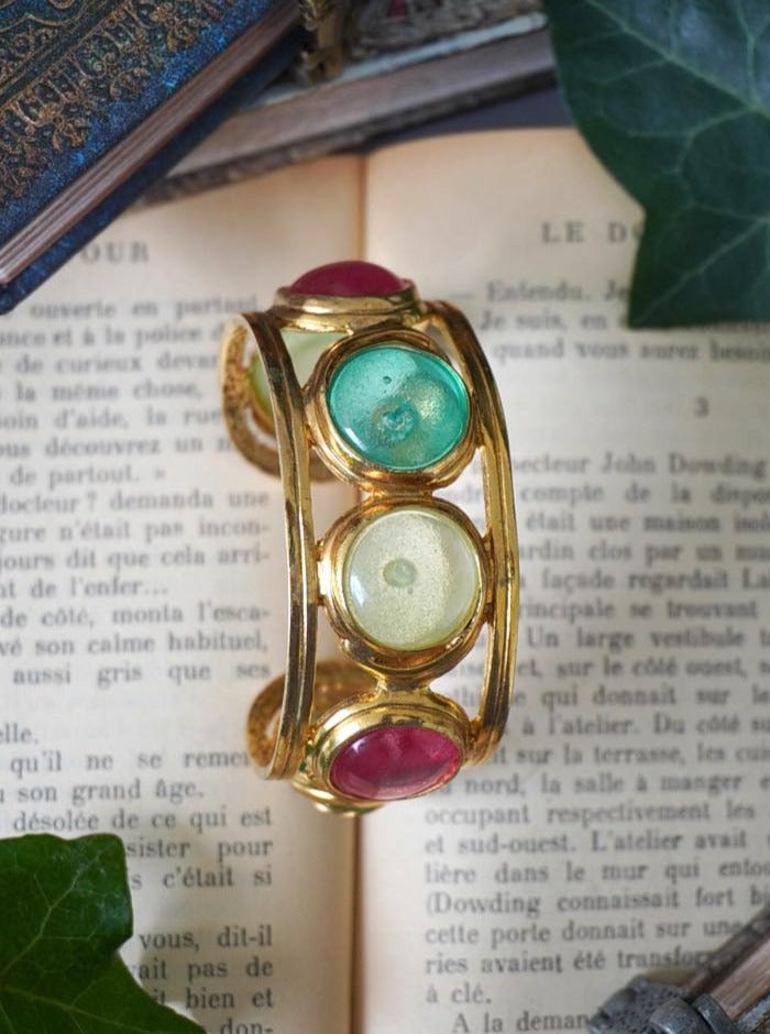 Vintage Chanel Golden Metal Multicolored Glass Bracelet 96