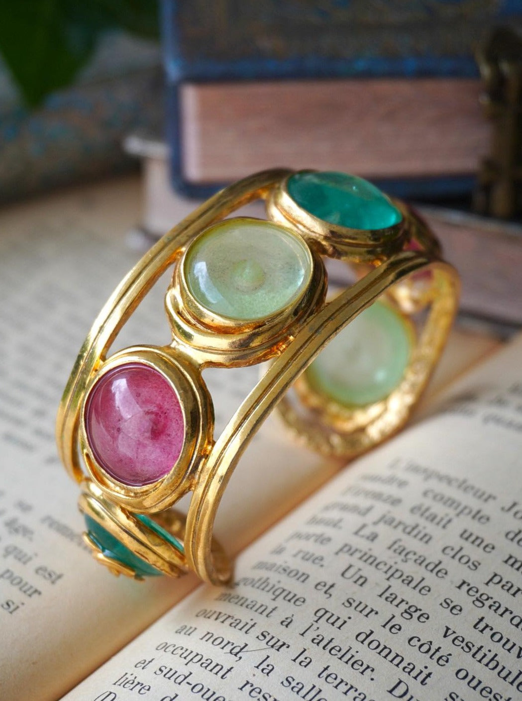 Vintage Chanel Golden Metal Multicolored Glass Bracelet 96