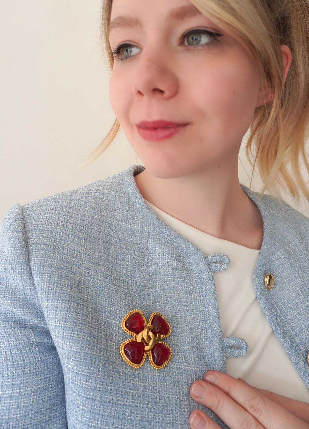 Vintage Chanel Red Gripoix Clover Brooch