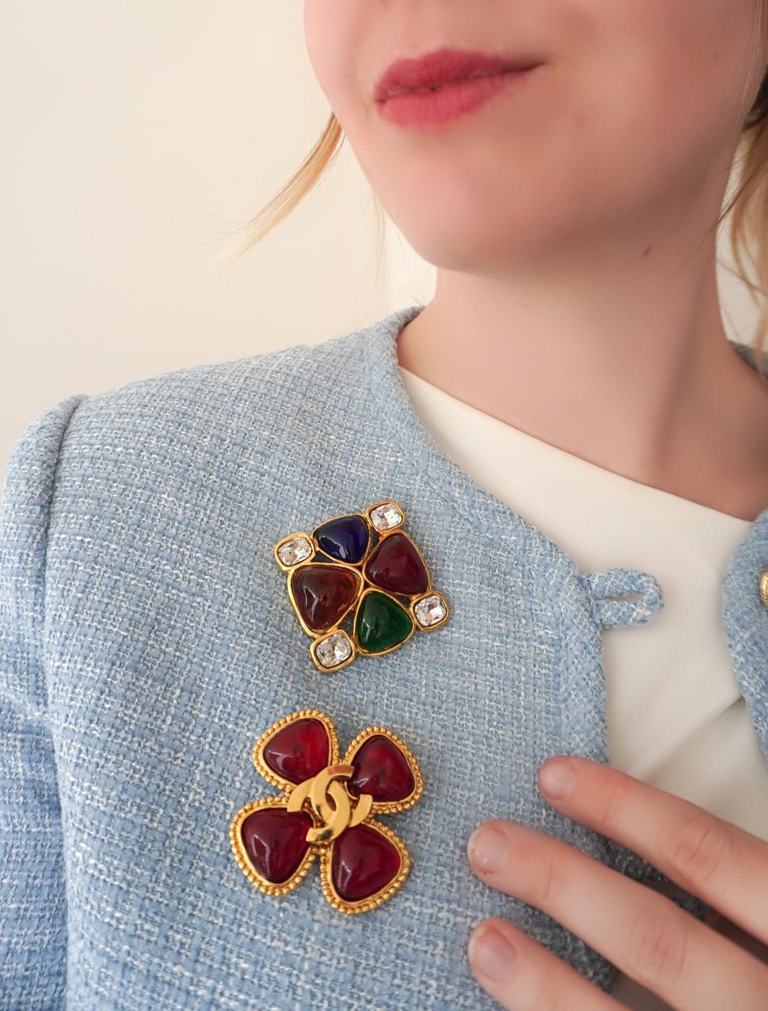 Vintage Chanel Red Gripoix Clover Brooch