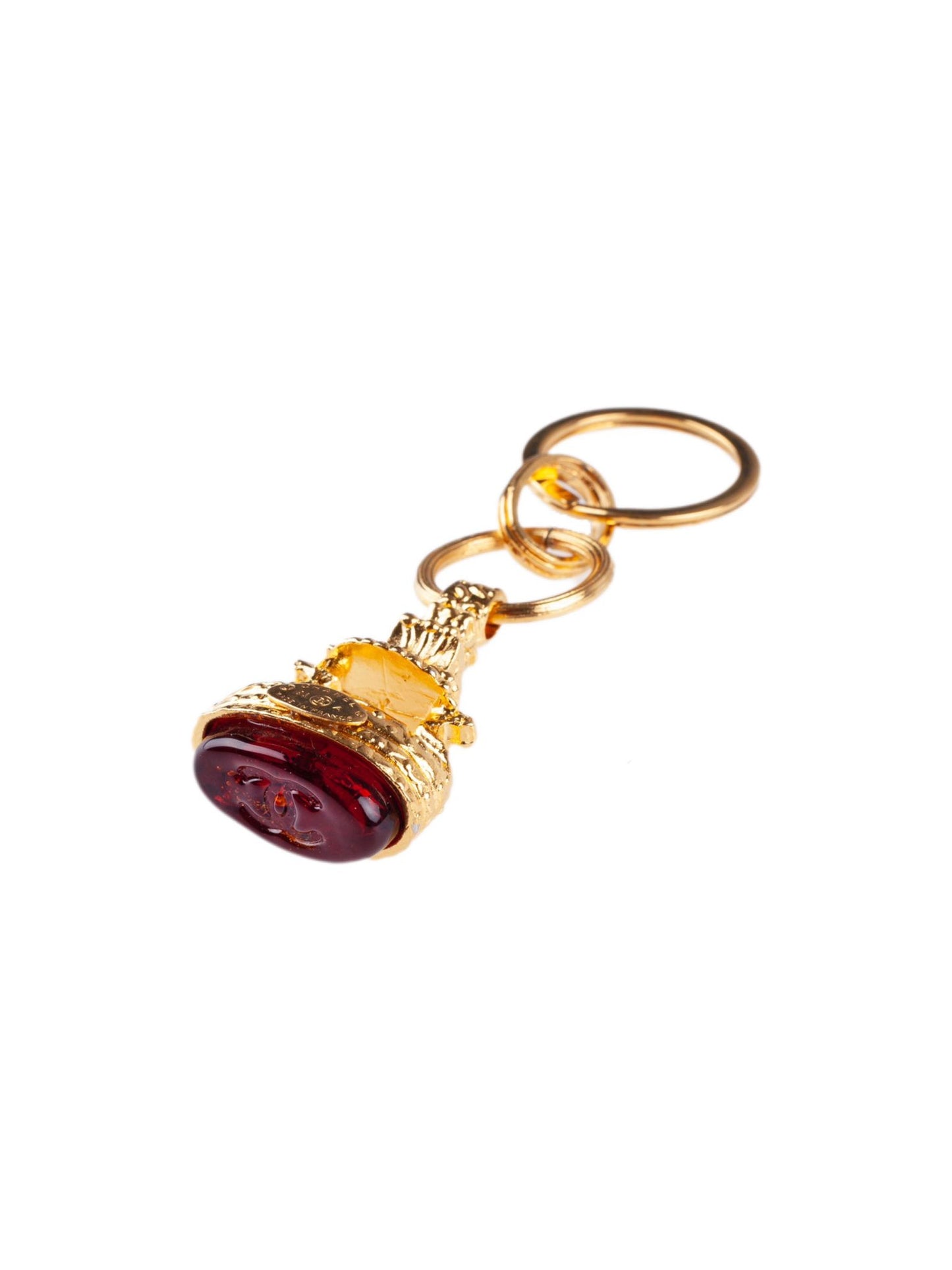 Vintage Chanel Gold Metal and Red Gripoix Signed CC Keychain, 1993