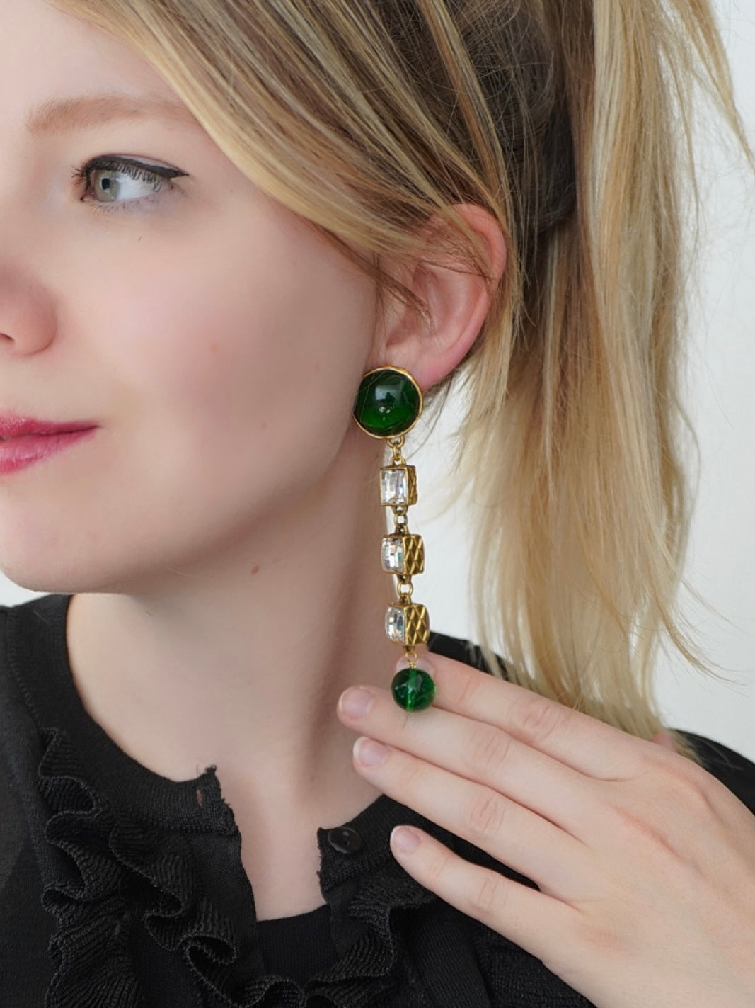 Vintage Chanel Earrings with Green Glass Paste