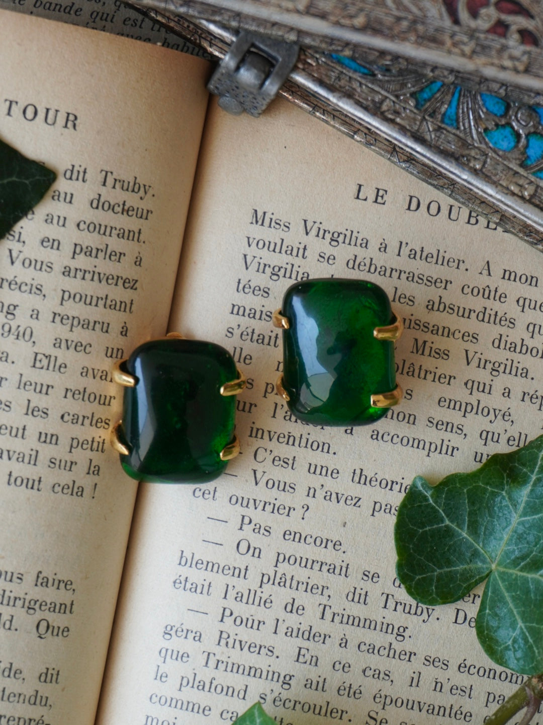 Vintage Chanel Earrings with Green Glass Paste