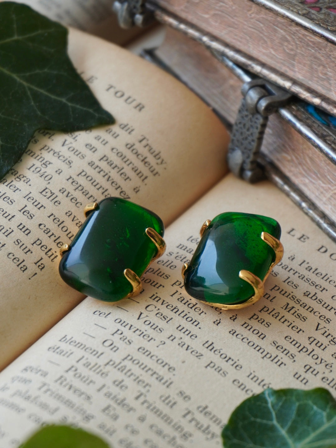 Vintage Chanel Earrings with Green Glass Paste