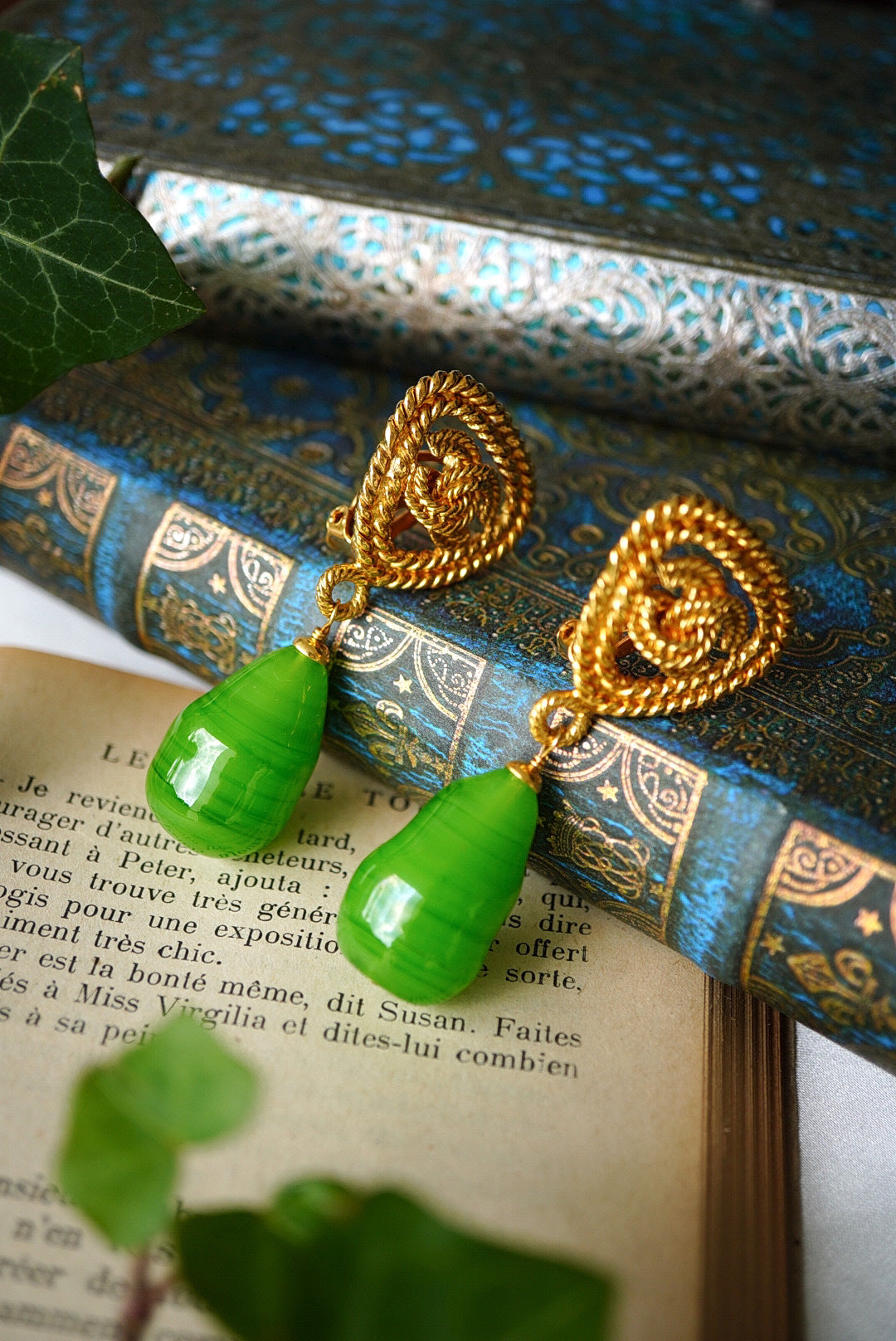 Vintage Chanel Earrings with Green Glass Paste