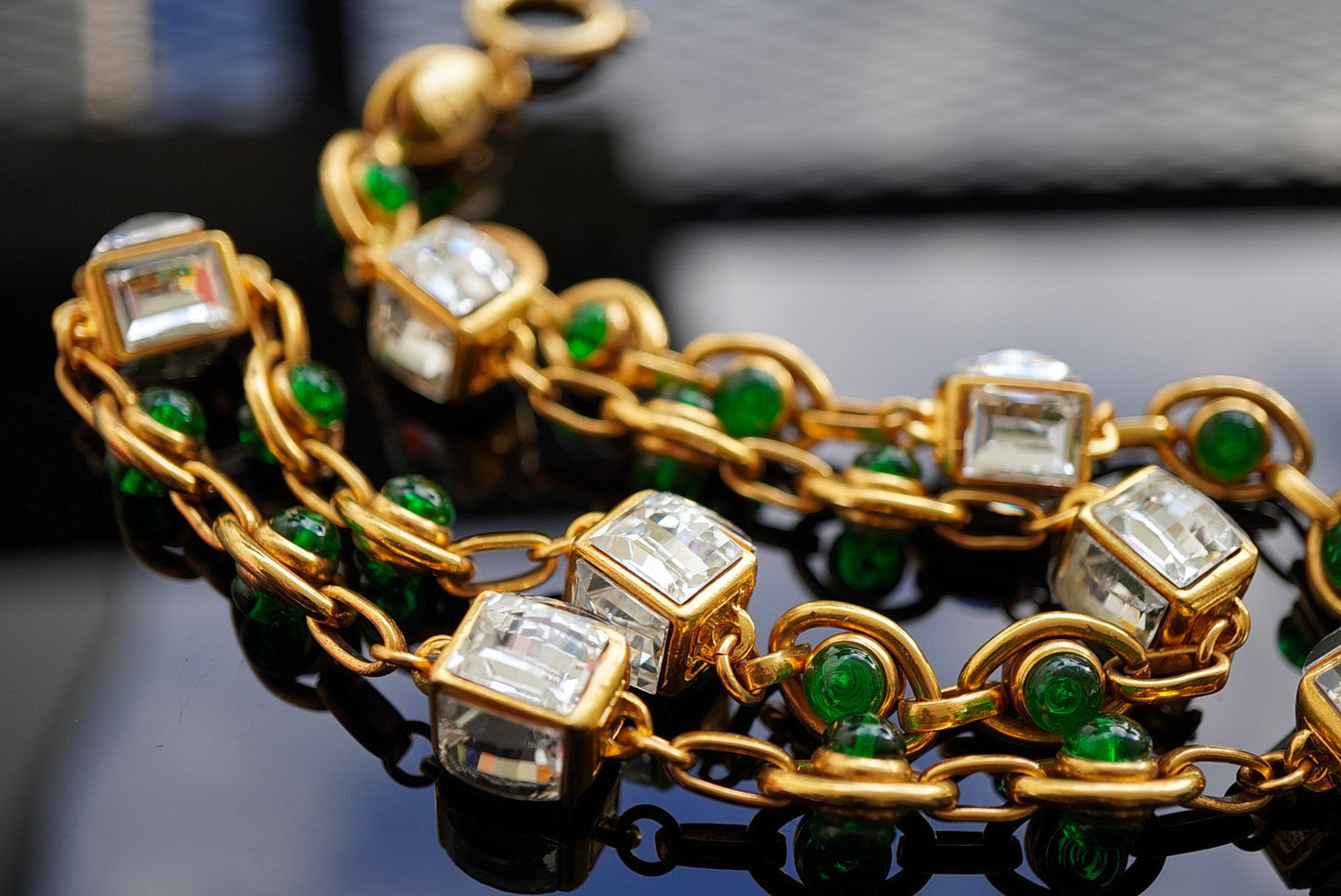 Vintage Chanel Necklace with Strass and Green Glass Paste