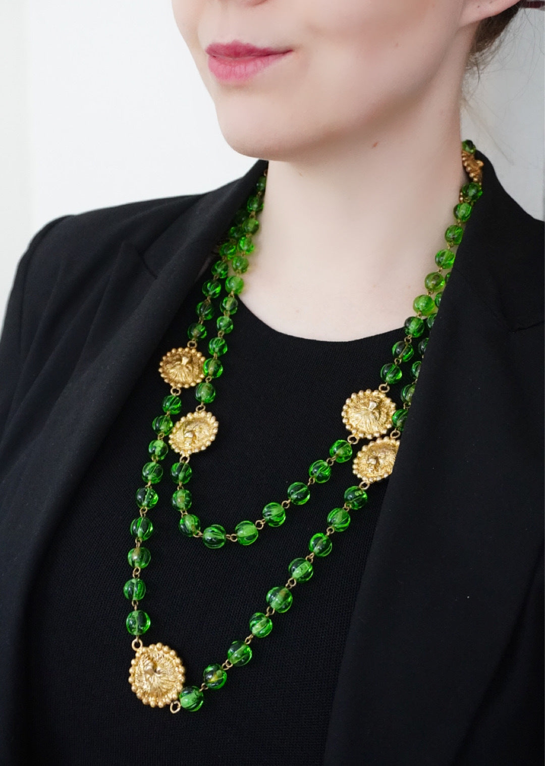 Vintage Chanel Lion Necklace with Green Glass Paste