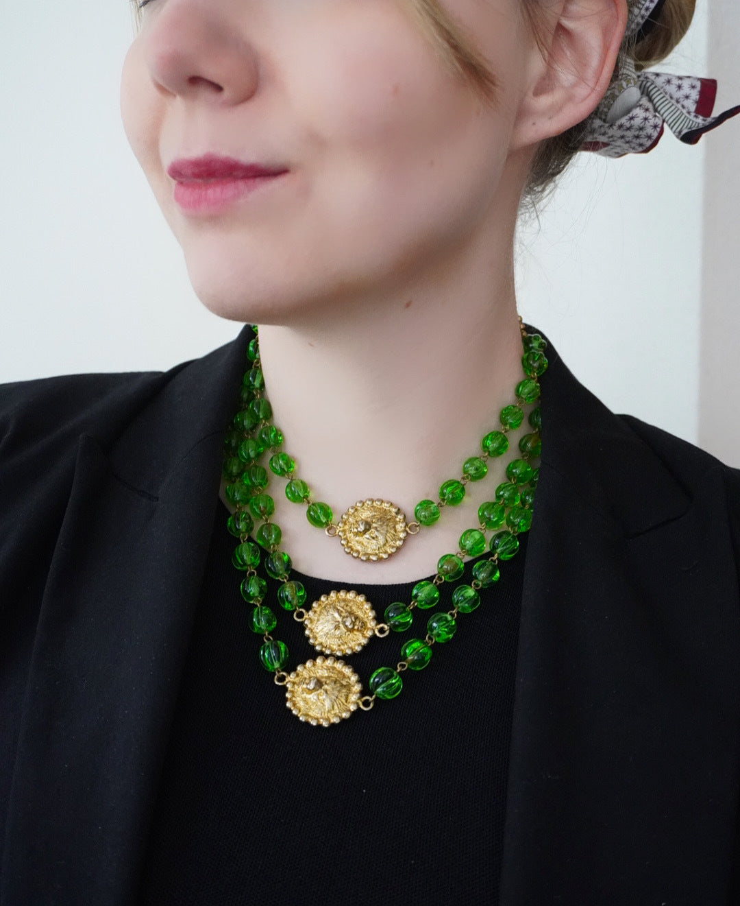 Vintage Chanel Lion Necklace with Green Glass Paste