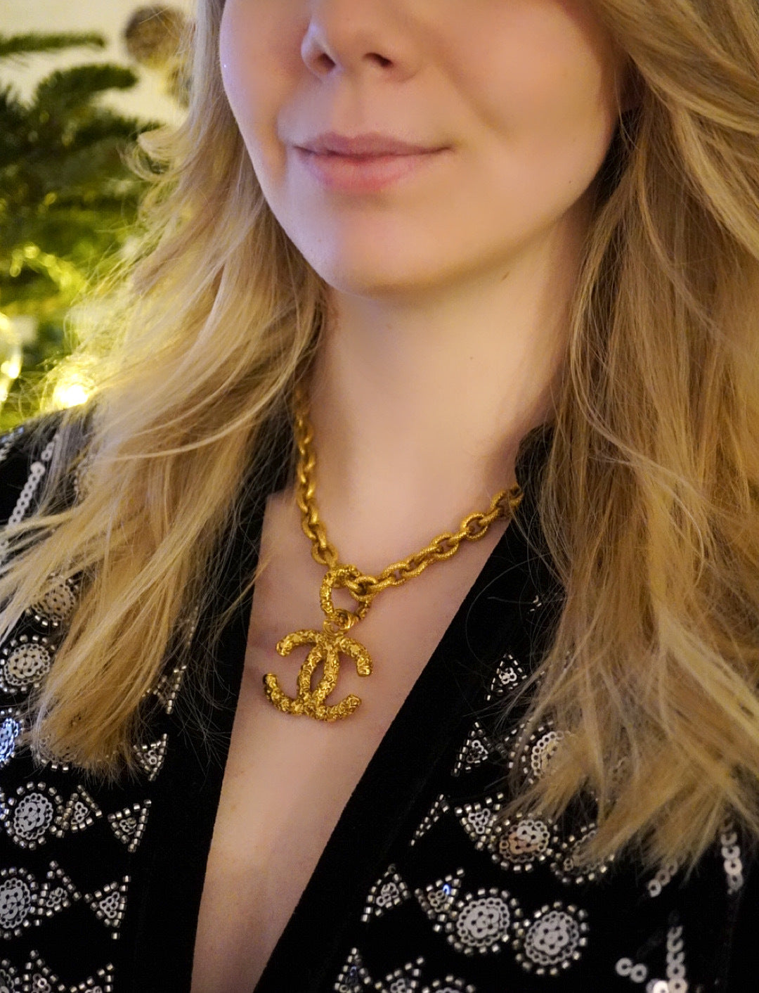 Vintage Chanel Gold-Plated Lava CC Pendant Necklace