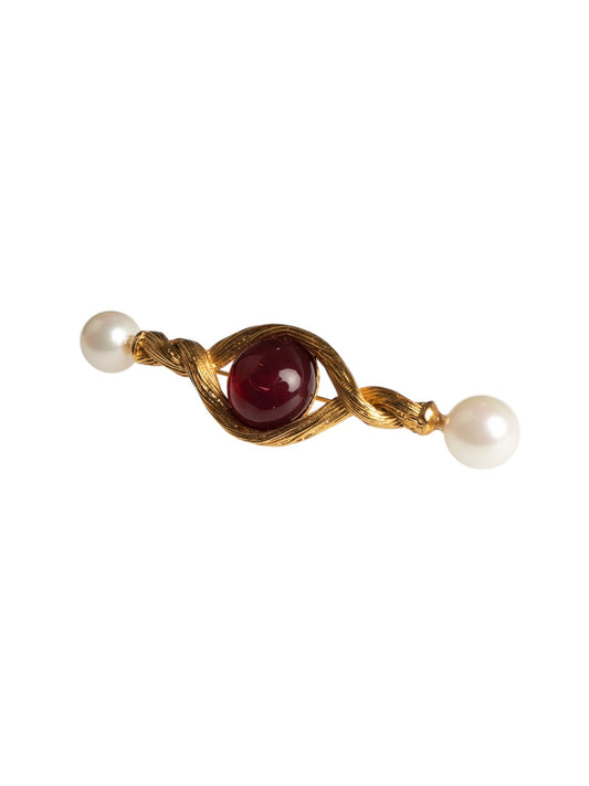 Vintage Chanel Pearl Torsade Brooch Red Glass Paste