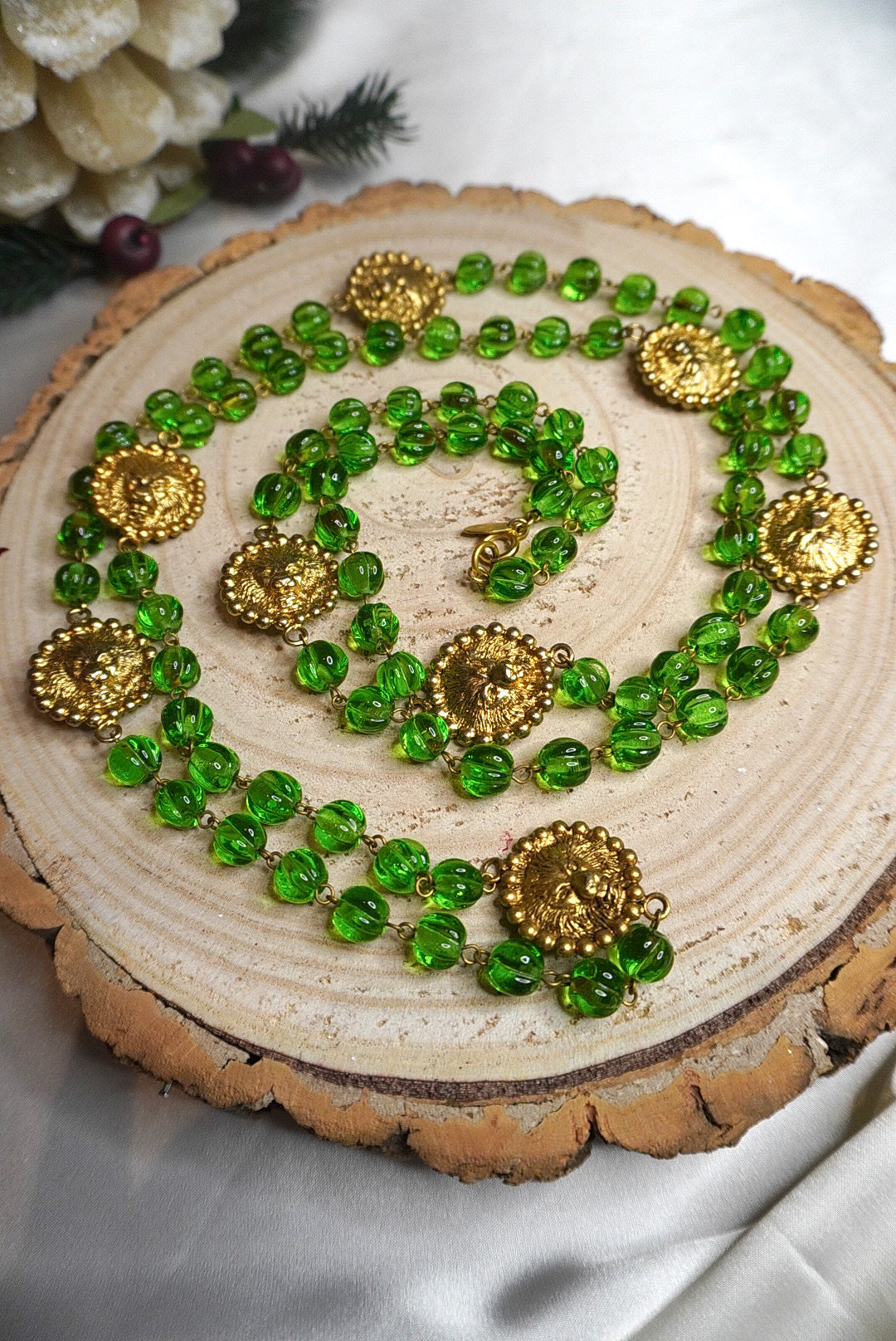 Vintage Chanel Lion Necklace with Green Glass Paste