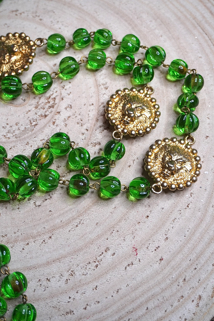 Vintage Chanel Lion Necklace with Green Glass Paste