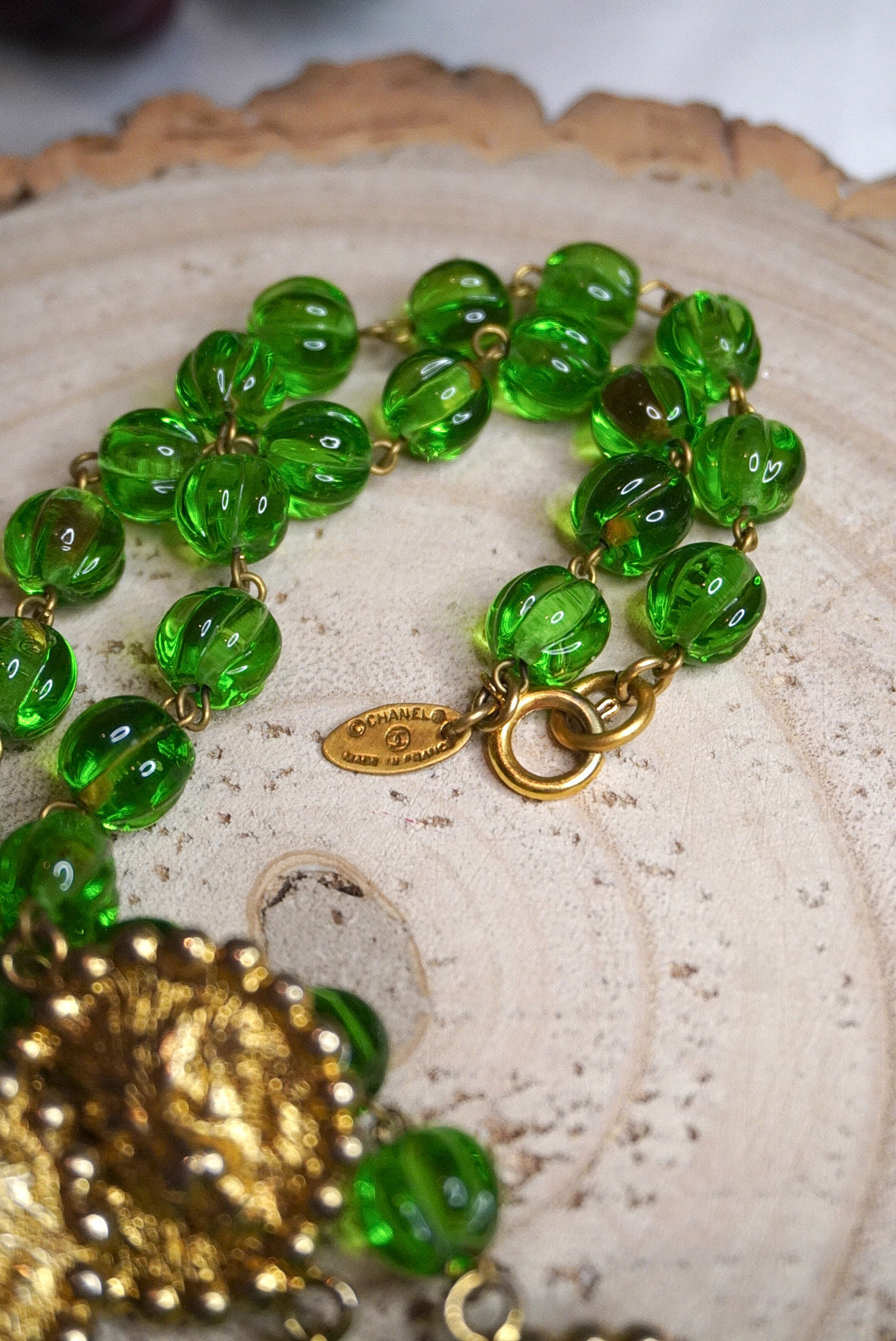 Vintage Chanel Lion Necklace with Green Glass Paste