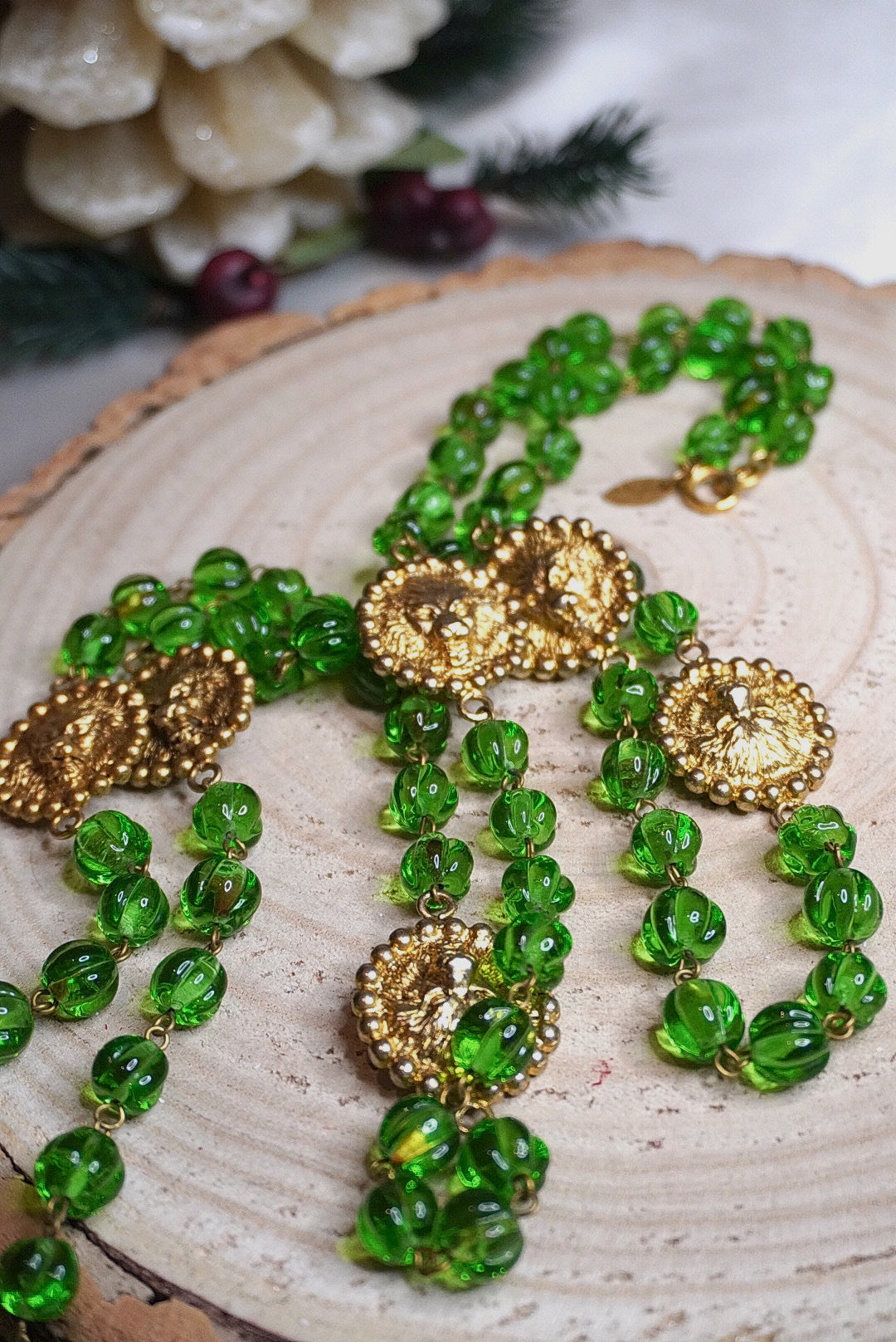 Vintage Chanel Lion Necklace with Green Glass Paste