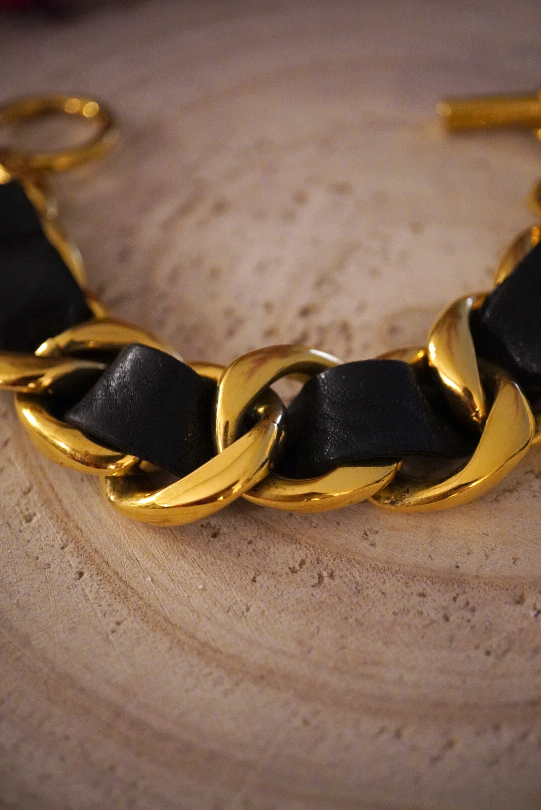 Vintage Chanel Black Leather Chain Bracelet