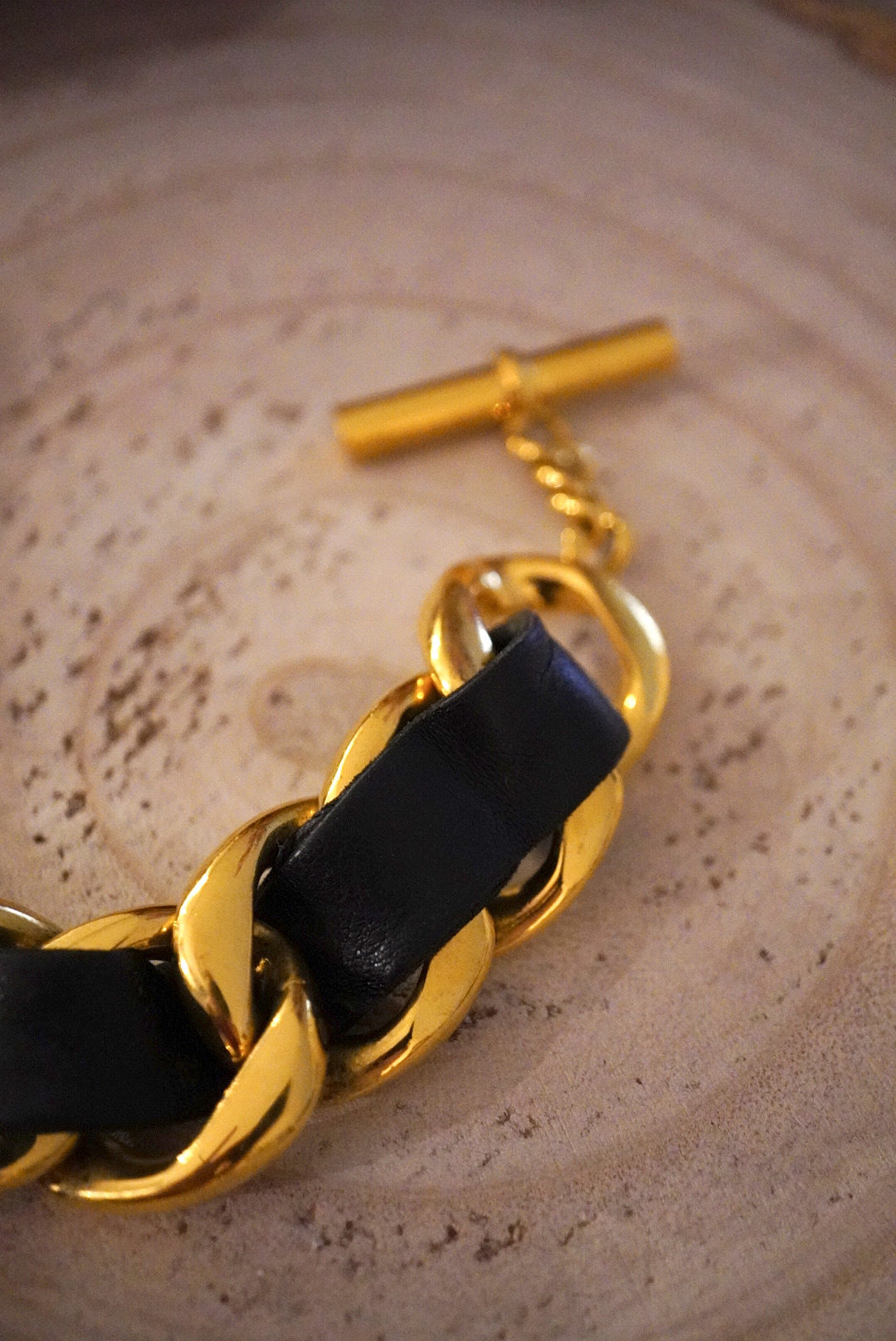 Vintage Chanel Black Leather Chain Bracelet