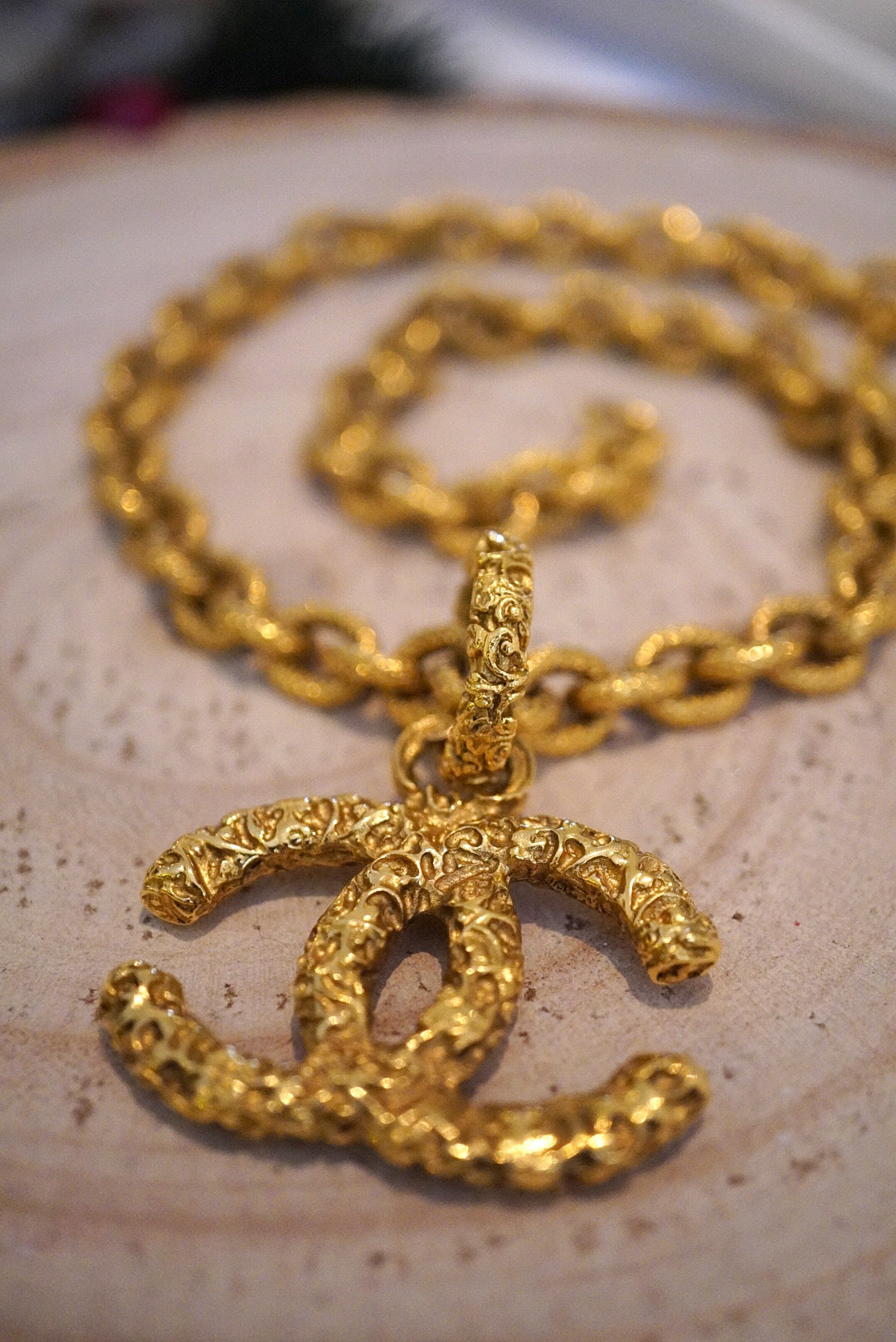 Vintage Chanel Gold-Plated Lava CC Pendant Necklace