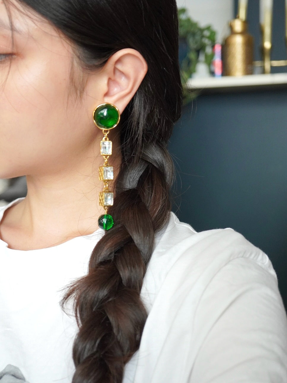 Vintage Chanel Earrings with Green Glass Paste