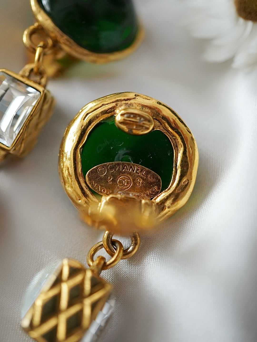 Vintage Chanel Earrings with Green Glass Paste