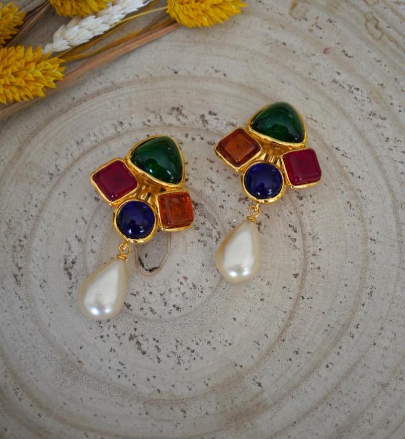 Vintage Chanel Earrings with Multicolored Glass Paste
