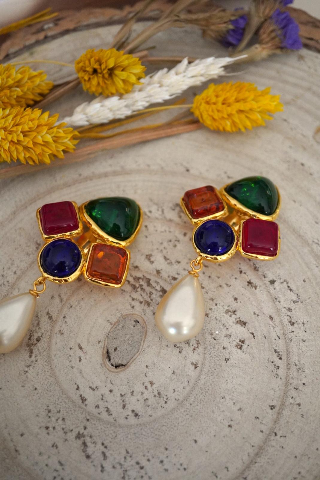 Vintage Chanel Earrings with Multicolored Glass Paste