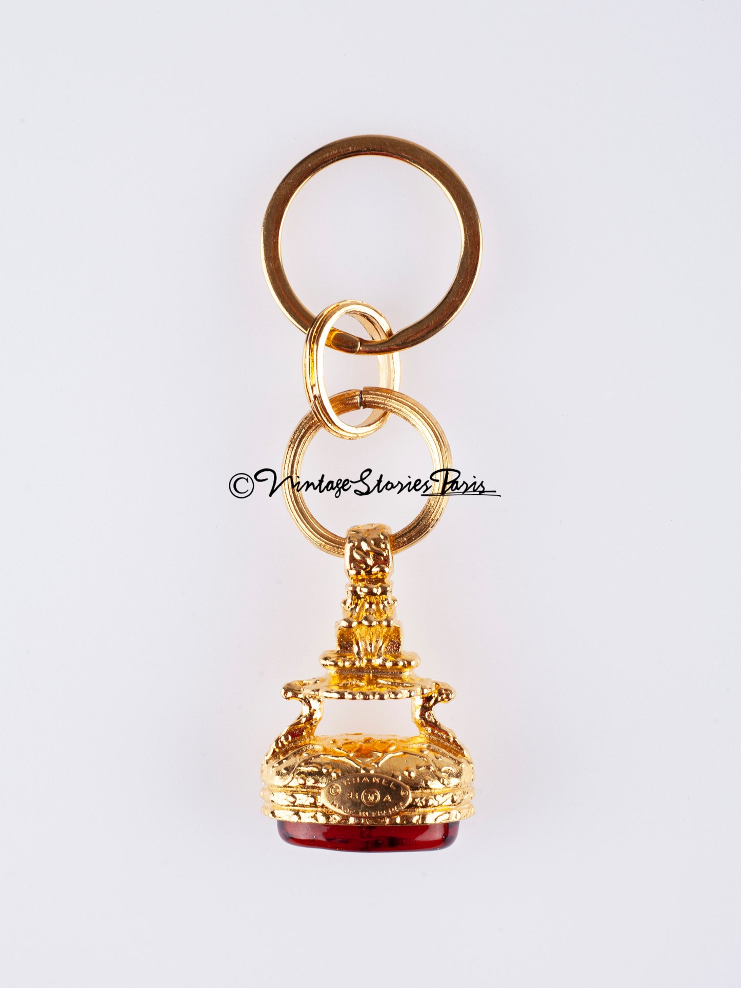 Vintage Chanel Gold Metal and Red Gripoix Signed CC Keychain, 1993