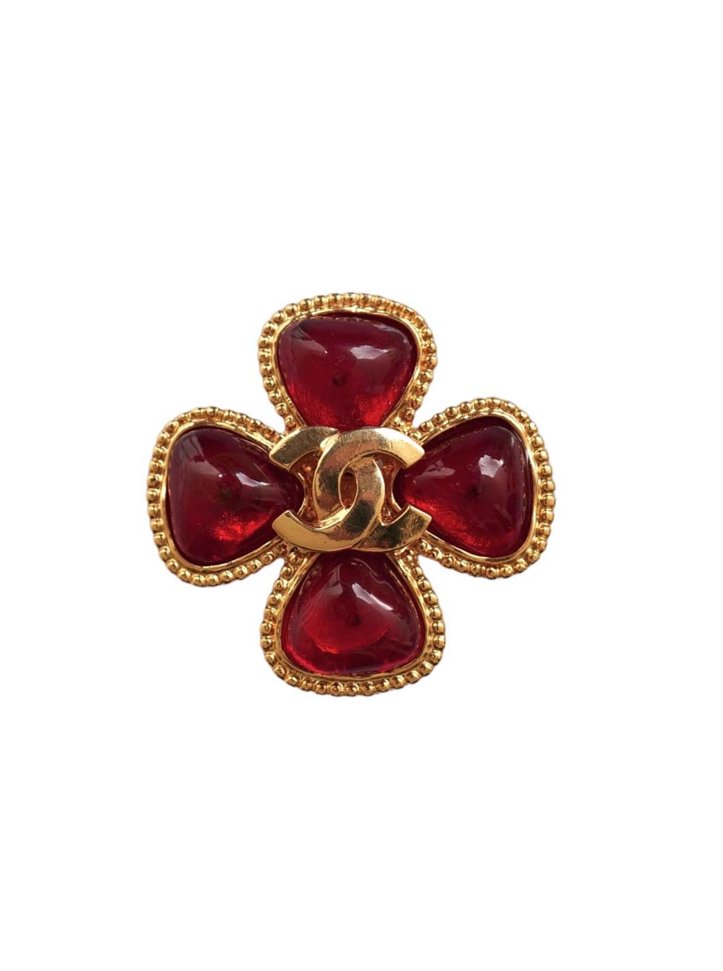 Vintage Chanel Red Gripoix Clover Brooch