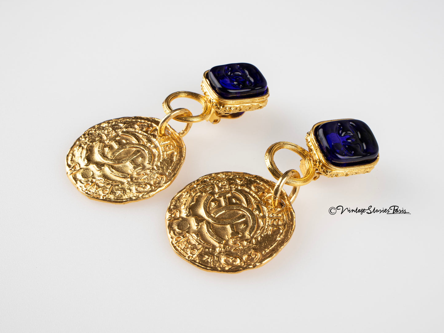 Vintage Chanel Earrings with Blue Gripoix and Golden Coin Pendant