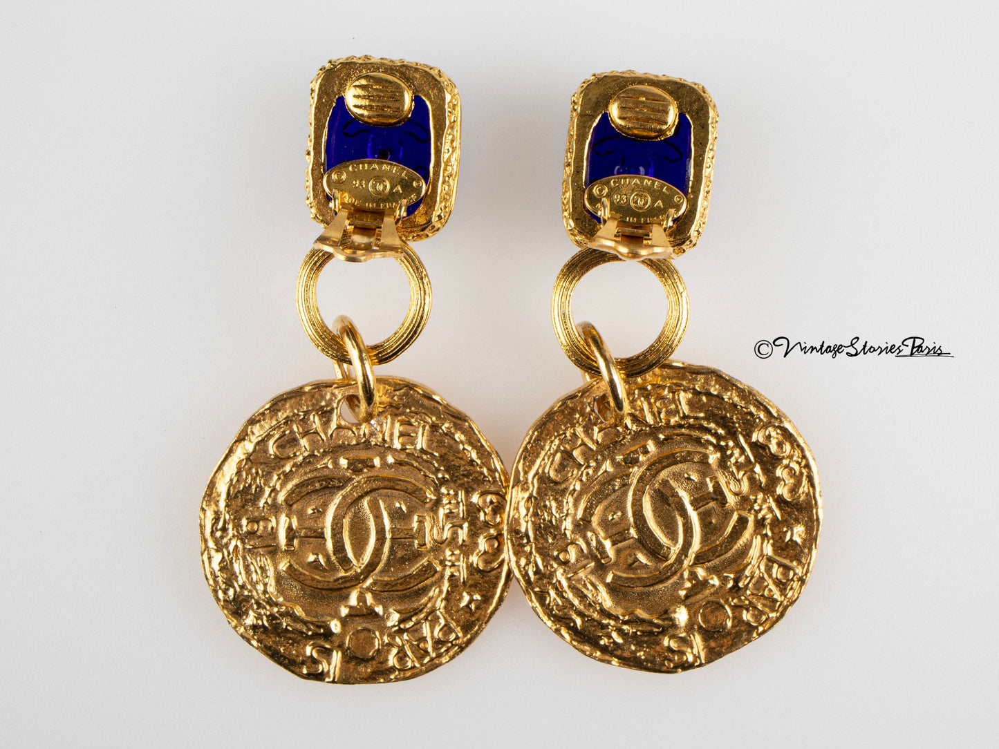 Vintage Chanel Earrings with Blue Gripoix and Golden Coin Pendant